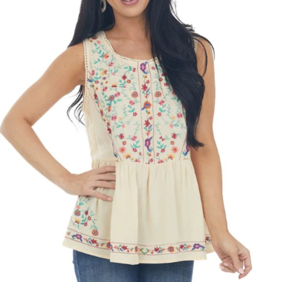 Umgee Tops - UMGEE Boho Buttercream Floral Embroidered Drop Waist Top